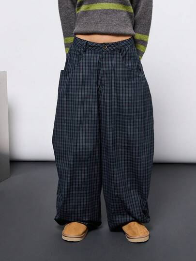 COUREZ Low Rise Baggy Balloon Check Trousers/ Y2K Vintage  Spring Grunge Check Plaid  Oversized Low Rise Women Bottoms  Occasion