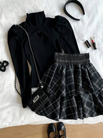 2件套 少女休闲圣诞新年红色T恤和红色格子裙