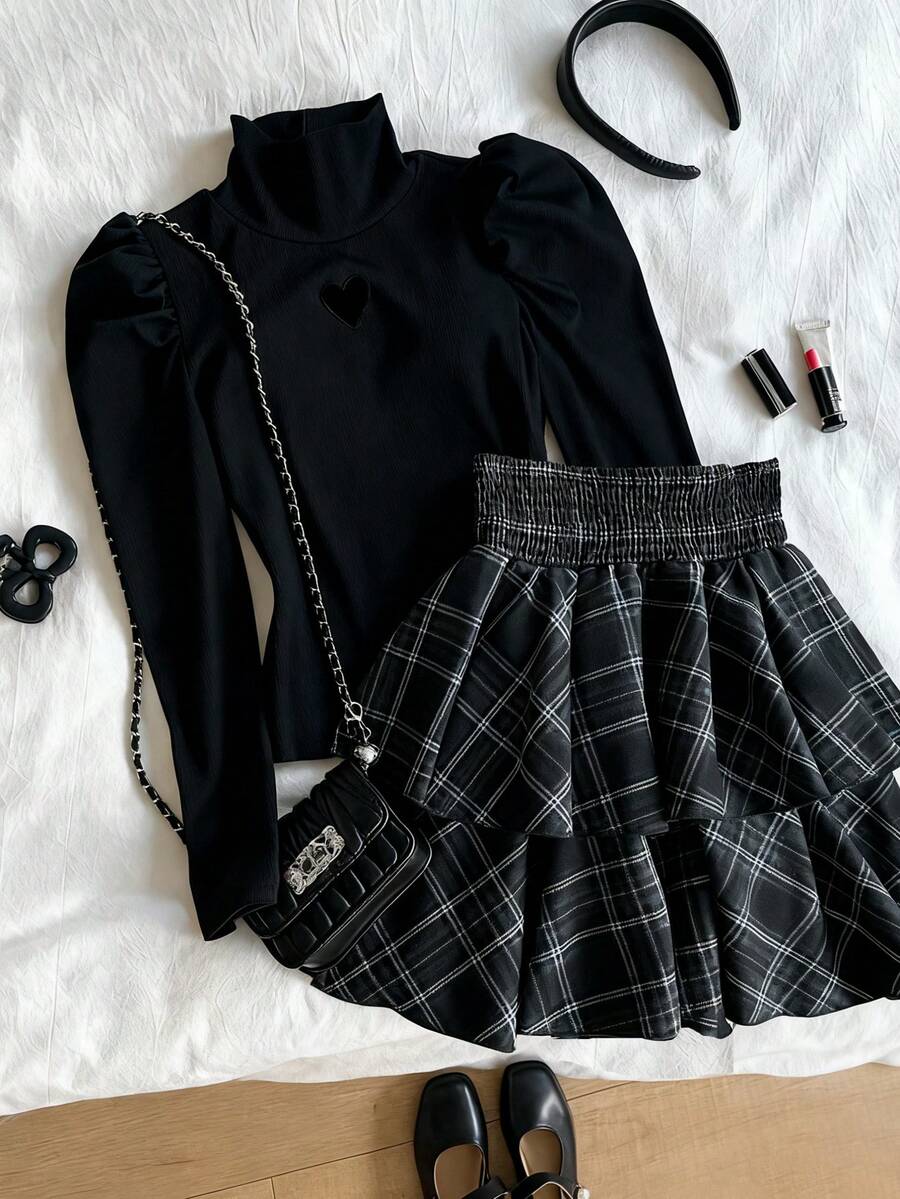 2pcs/Set Tween Girls Casual Christmas & New Year Red T-Shirt And Red Plaid Skirt - Black - View 1