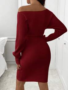 SHEIN Elegant Solid Color Off-Shoulder Knit Maternity Dress, Autumn/Winter - Red - View 2