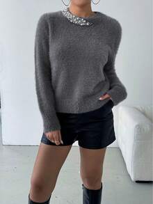 SHEIN Clasi Women's Elegant Beaded Round Neck Sweater, Autumn/Winter For New Year Clothes - Grey - View 3