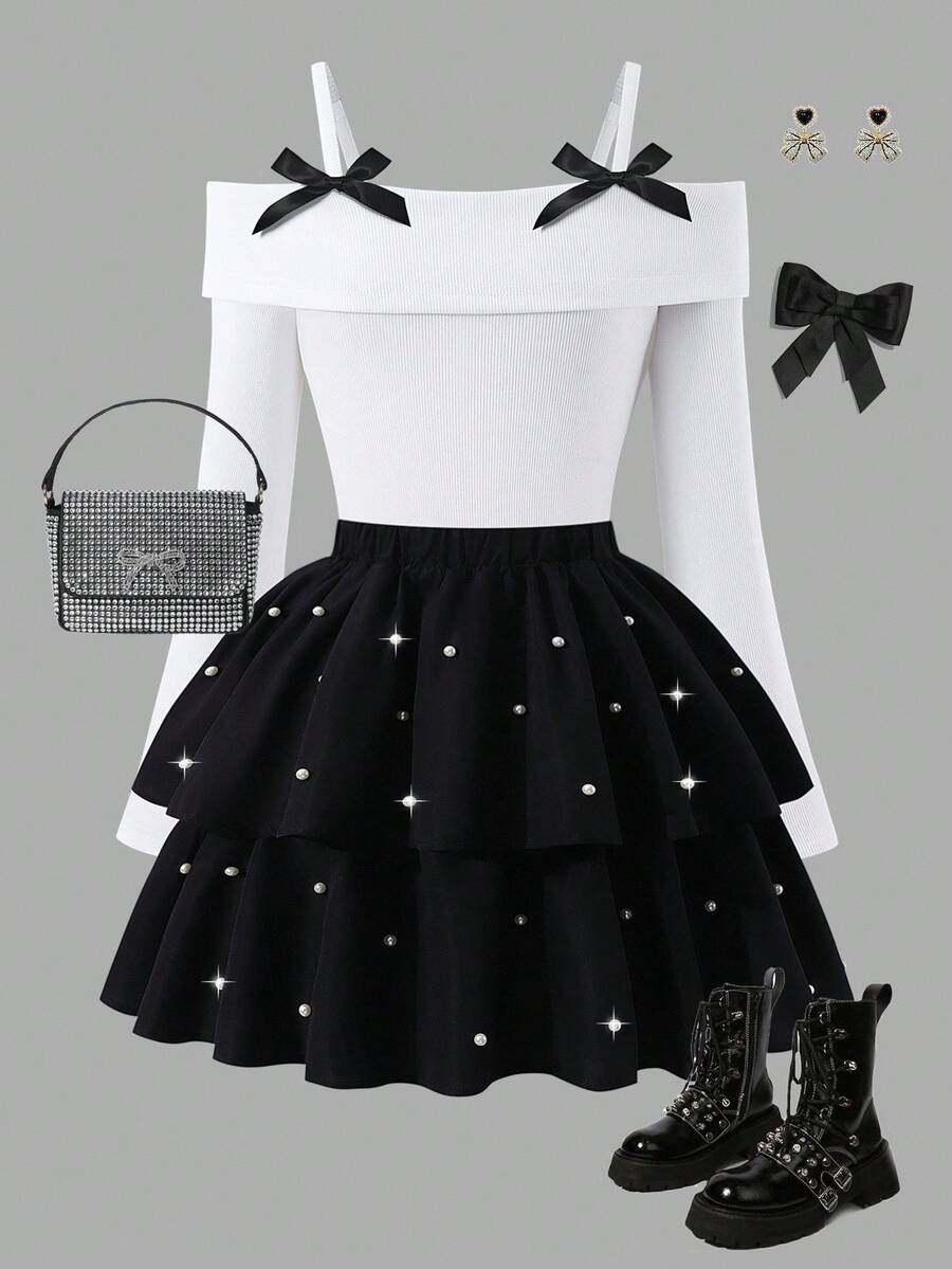 SHEIN Bộ áo thun thanh lịch thời trang cho bé gái tuổi teen, áo len trắng kết hợp chân váy dệt kim màu đen, áo có nơ trang trí màu đen, chân váy đính ngọc trai - trắng - Xem 1