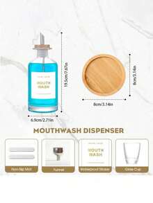 11.80Z Glass Mouthwash Dispenser ForBathroom With Stainless Steel & BambooNozzle, Mouthwash Cup Reusable, BambooTray, And Elegant Gold Sticker.(Clear - Multicolor - View 5