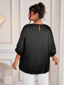 Cravure 大码圆领七分袖金属面料拼接撞色插肩袖休闲套头衫，适合外出、度假、通勤、派对等场合。 - 黑色 - 查看 2