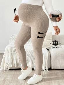 Plussiva 孕婦大尺碼純色可調腰圍羅紋緊身休閒長褲 - 杏色 - 查看 1