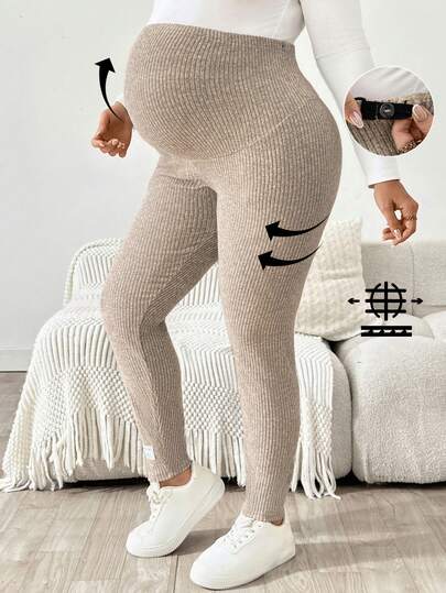 SHEIN Pantalones casuales de talle alto ajustable de unicolor acanalado para maternidad de talla grande