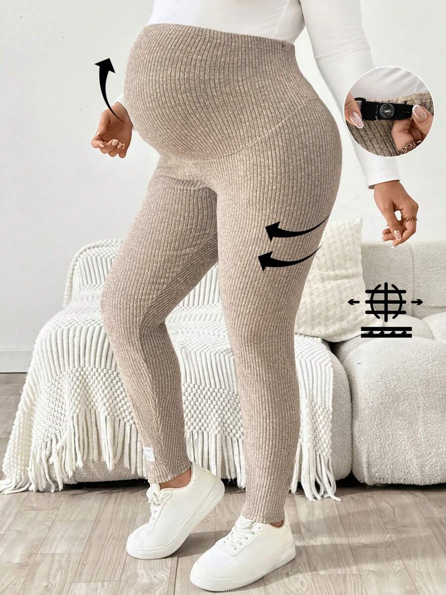 Plussiva 孕婦大尺碼純色可調腰圍羅紋緊身休閒長褲 - 杏色 - 查看 1