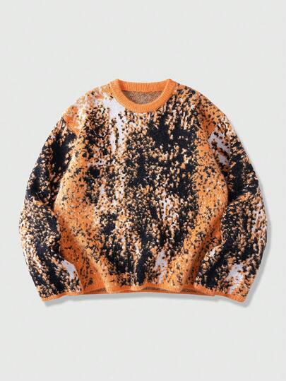 Men's Loose Fit Jacquard Knit Sweater, Casual Round Neck Long Sleeve, Autumn/Winter