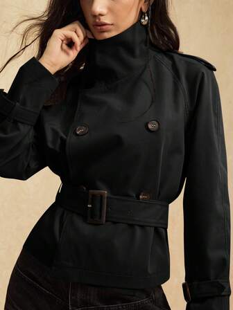 Easelle Vintage Nomadic hög krage midja knapp svart trenchcoat dam trenchcoat bälte trenchcoat damkappa höst- och vinterjacka