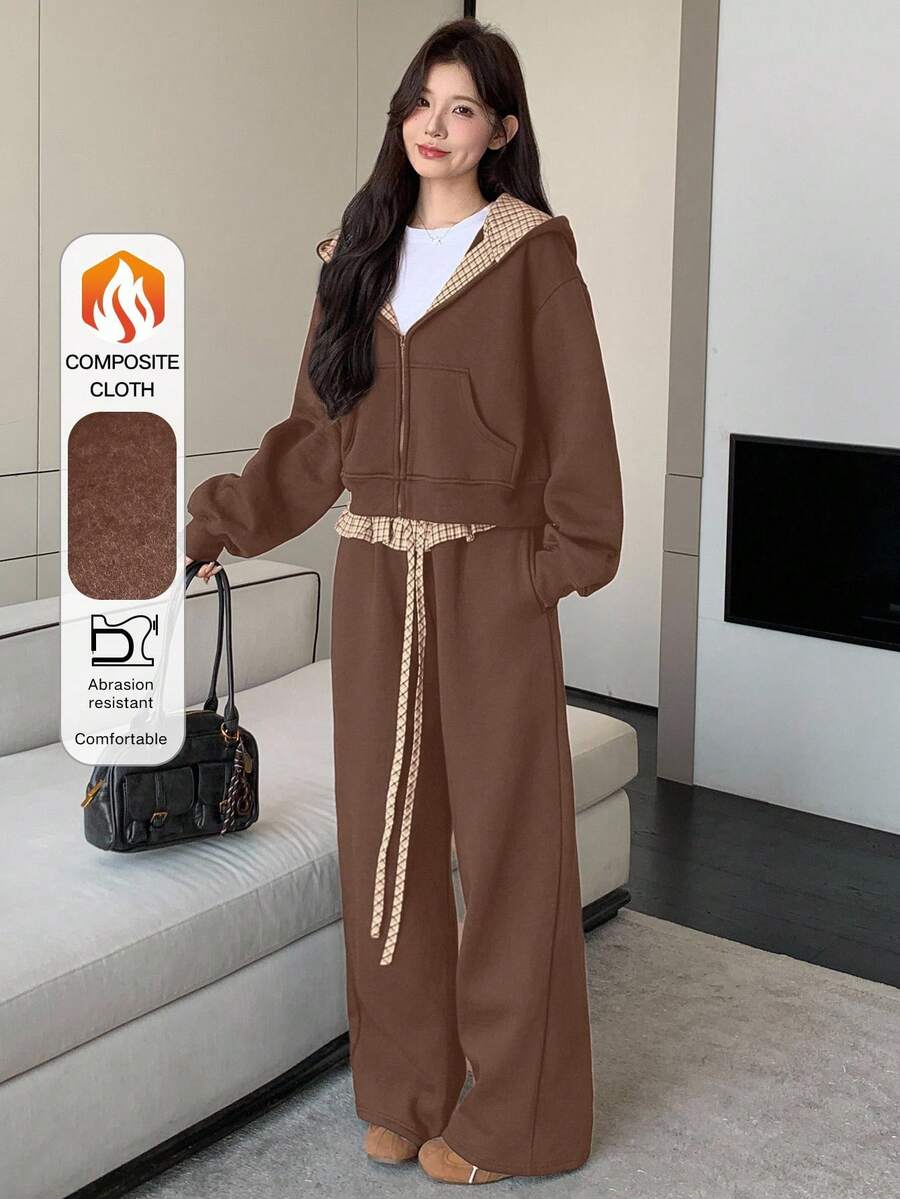 DAZY 女士落肩拉链连帽衫和阔腿裤休闲两件套运动服套装，女士家居服套装 - 咖啡棕 - 查看 1