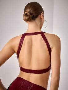 Menodora SHEIN Sport Women's Burgundy Knitted Fabric Sports Bra Semi-Sheer Mesh Panel Round Neck Crop Top For High Impact Workout For Pole Dance - Burgundy - View 2