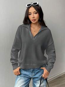 Flirla Áo len dài tay dáng rộng cổ bẻ trễ vai màu trơn dành cho nữ, mùa thu/đông - Màu xám đen - Xem 6