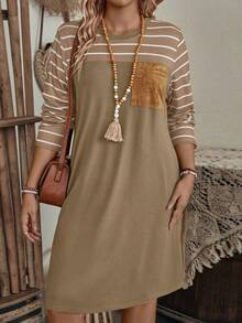 EMERY ROSE Plus Size Casual Striped Patchwork Dress, Autumn - Camel - View 3