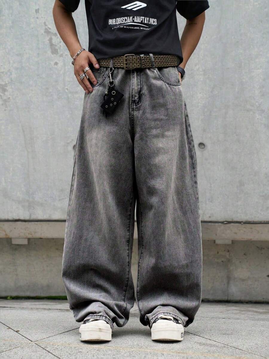 Manfinity EMRG Męskie luźne, swobodne jeansy z szerokimi nogawkami i kieszeniami - Jasnoszary - Zobacz 1