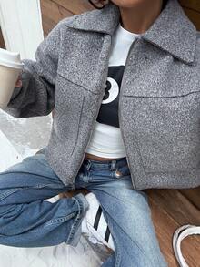 SHEIN EZwear Women's Grey Winter Streetwear Jacket,Lapel Collar Long Sleeve Zipper Short Coat With Pockets,Elegant Retro School Back-To-School Fashion Apparel - Dark Grey - View 5