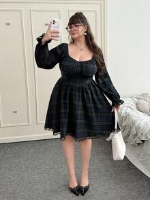 CovetEZ 大码女式长袖圣诞格子蓝绿色格纹连衣裙 - 彩色 - 查看 5