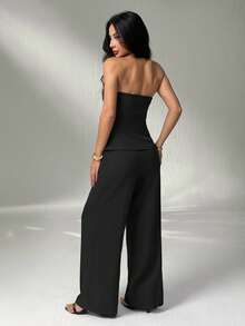 SHEIN PETITE 1 Set Solid Color Fitted Camisole Top And Elegant Pants Suit In Fall/Winter - Black - View 2