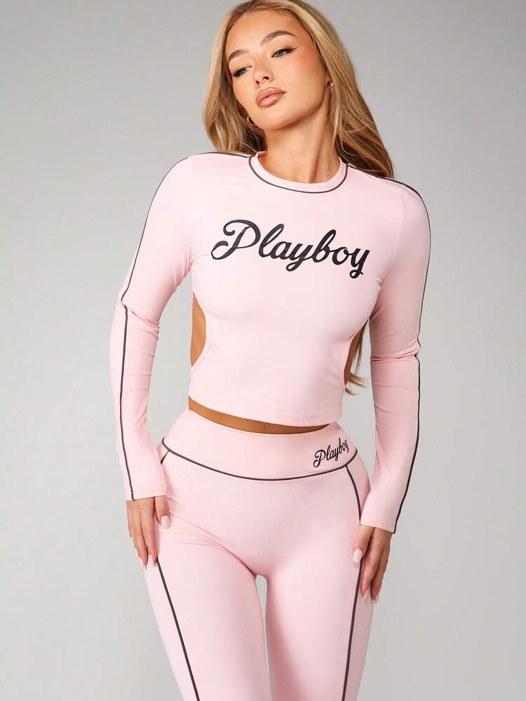 Missguided x Playboy Cut Out Active Set With Long Sleeves And High Rise Matching Bottoms