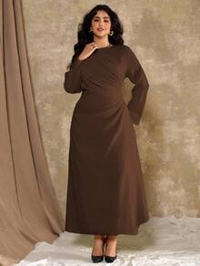 Roveilla Plus Size Women's Elegant Formal Office Commute Casual Vacation Party Vintage Teacher Autumn Middle Eastern Solid Color Round Neck Waist Pleated A-Line Long Sleeve Maxi Dress, Light Yellow Plus Size Brown Dress Chocolate Brown Dress Brown Dress Brown Elegant Dress Women Coffee Brown Dress - Chocolate Brown - View 8