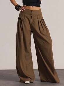 MUSERA Layered Low Rise Waist Band Pleated Wide Leg Trousers Autumn Winter Casual Going Out Everyday Night Out Sexy Cute Cosy Thanksgiving Christmas  Party New Year Fall