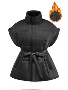 Maweii Abrigo acolchado con cuello alto, cremallera y cinturón para mujer talla grande, adecuado para exteriores, temporada de nieve y uso diario - Negro - Ver 7