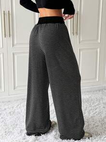 SHEIN EZwear 女式黑白条纹针织抽绳腰休闲阔腿裤 - 彩色 - 查看 2