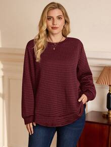 EMERY ROSE 大码女式休闲纯色纹理运动衫 - 紅色 - 查看 1