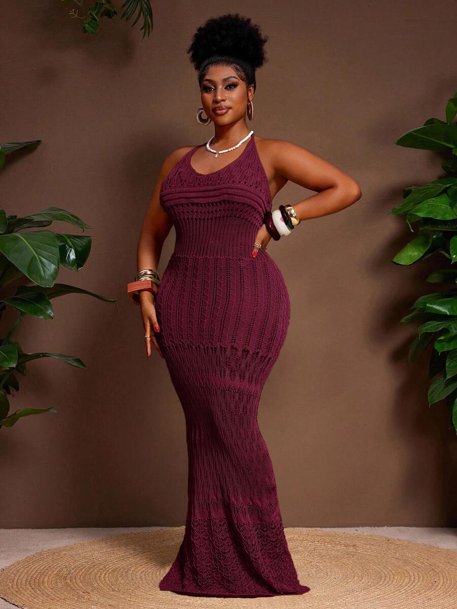 Veslaya Plus Size Solid Color Minimalist Sleeveless Sweater Dress - Burgundy - View 1