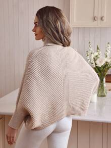 Louniche Elegant Minimalist Apricot Turndown Collar Raglan Sleeve Loose Knit Pullover Sweater For Women, Suitable For Commuting, Autumn/Winter - Apricot - View 2