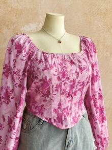 Dreamara 大码女式花卉印花方领长袖衬衫，适合度假、毕业、返校季、秋季 - 粉色 - 查看 3