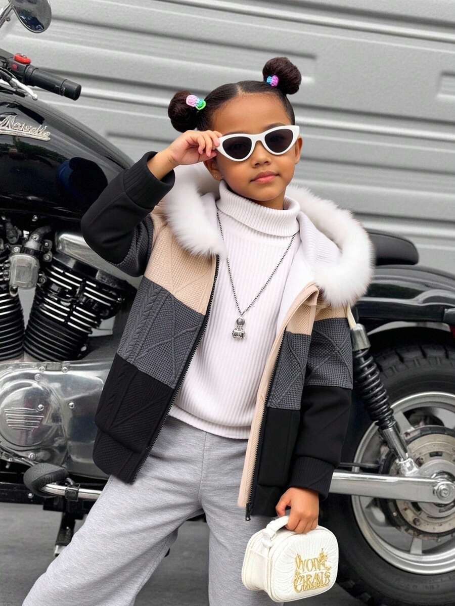 SHEIN Áo khoác lông giả có mũ trùm đầu ấm áp, họa tiết khối màu, thời trang thường ngày cho bé gái, đi làm hàng ngày, mùa thu/đông - Nhiều màu - Xem 1