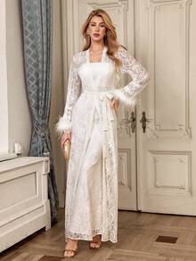 Selianne Premium Sexy Lace 2 Pieces Set: Fluffy Feather Sleeve Tie-Waist Ruffle Maxi Robe With BustierDresss - White - View 3