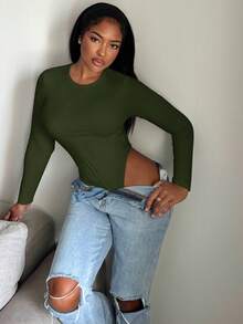 Alexandranx Bodysuit Wanita Slim Fit Polos untuk Musim Semi, Wanita Bertubuh Mungil - Hijau Tentara - View 5