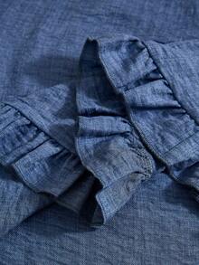 EMERY ROSE 大码女式休闲长袖圆领荷叶边蓝色长袖衬衫上衣，秋冬季，外出穿着，2025新款，简约时尚，适合日常穿着，大码冬季，圣诞节，新年，感恩节女装 - 藍色 - 查看 4