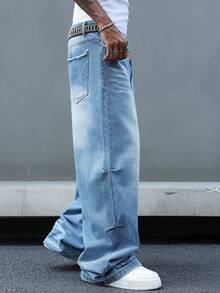 Manfinity EMRG Quần jean ống rộng xếp ly dáng rộng thời trang đường phố cao cấp phong cách mèo râu mèo đẹp trai, không kèm thắt lưng - Màu xanh lam - Xem 3