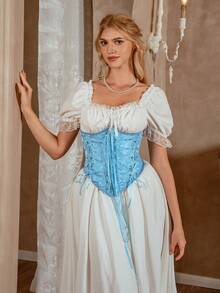 Myrelith 1pc Women Floral Jacquard Waist Tie Shapewear Top - Baby Blue - View 4