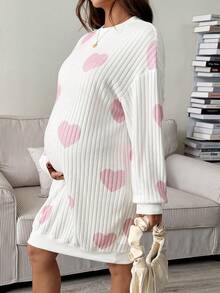 SHEIN 孕妇心形印花圆领落肩长袖休闲宽松连衣裙 - 白色 - 查看 7