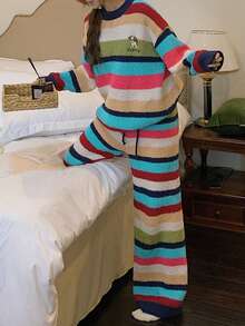 DAZY 2件套女士小狗印花彩色条纹宽松针织长袖上衣和裤子睡衣套装，秋冬季 - 彩色 - 查看 10