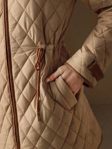 Anewsta 女式休闲简约拼布领轻薄绗缝棉服外套，短款，杏色，冬季 - 杏色 - 查看 2