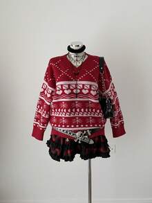 Sunspun Plus Size Women Heart Pattern V-Neck Long Sleeve Loose Pullover Sweater, Autumn/Winter - Red - View 3