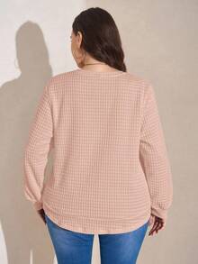 EMERY ROSE Plus Size Women's Solid Color Minimalist Casual Crew Neck Long Sleeve Sweatshirt Sweater Plus Size Plus Size Long Sleeve Top Plus Size Solid Color Ribbed Knit T Shirt Plus Size Casual Tops Plus Size Women Clothes Blouse Autumn Winter Clothes For Women - Pink - View 2