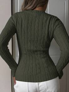 SHEIN EZwear 女士橄榄绿V领长袖简约毛衣，休闲日常穿着，长袖上衣，适合秋冬季上学/上班穿着，冬季毛衣 - 軍綠色 - 查看 2
