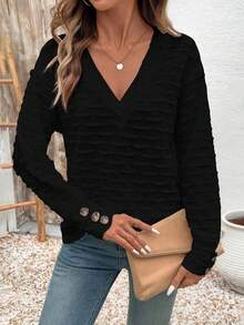 EMERY ROSE Camiseta casual de mujer de unicolor con cuello en V y diseño de botones con textura - Negro - Ver 4