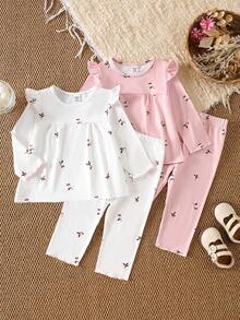 SHEIN 2pcs Baby/Toddler Girl Floral Long Sleeve Top And Pants Set With Ruffle Collar, Autumn/Winter