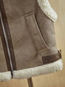 SHEIN X Lucía Bellido Anewsta Plus Fleece Thick Suede Leather Patchwork Turn-Down Collar Vest - Coffee Brown - View 6