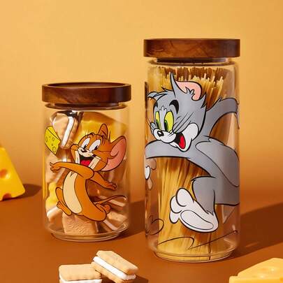 TOM & JERRY X SHEIN 1 Hộp đựng bằng thủy tinh borosilicate in hình hoạt hình, dung tích 25.4oz/750ml và 33.8oz/1000ml, có hai kích cỡ, phù hợp để đựng các loại thực phẩm khác nhau, thích hợp để đựng mì ống, ngũ cốc, gia vị, v.v. Nên dùng để đựng các vật khô, phô mai.