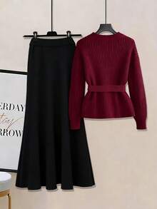 Franclia 欧美新博主风优雅酒红色精致金属扣斜襟腰带可拆卸立体腋下条纹，搭配黑色大A字毛衣裙，女士毛衣两件套，冬季女装，秋季女装，秋季女装，新年新年装扮，感恩节女装，派对婚礼，优雅休闲奢华，圣诞节新年派对，毕业舞会，角色扮演，新年外出上衣，毕业典礼优雅时尚休闲通勤商务办公日常休闲百搭都市教师职业装 - 彩色 - 查看 2