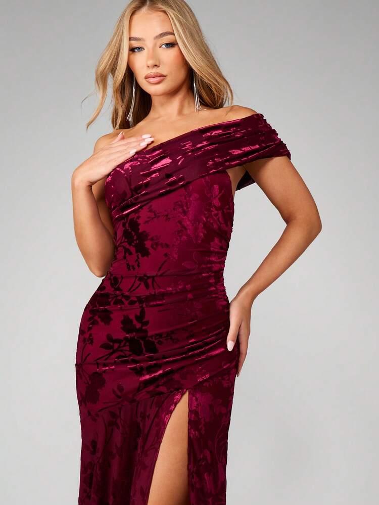 MISSGUIDED One Shoulder Velvet Maxi Dress With Floral Devore Pattern Ruched Split Evening Gown Christmas