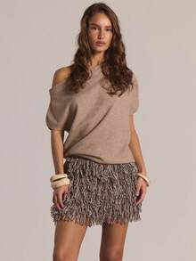 MUSERA Asymmetric Shoulder Short Sleeve Knit Jumper Winter Knitwear Casual Going Out Everyday Night Out Cute Cosy - Brown - View 1