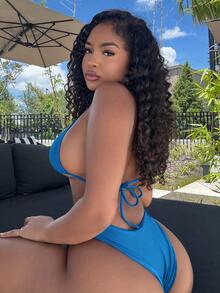 Alexandranx Conjunto de bikini halter con lazo de unicolor para mujer - Azul - Ver 2